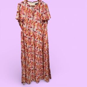 Cute floral boho tiered tie neck maxi dress lined short sleeve Lane Bryant poppy
